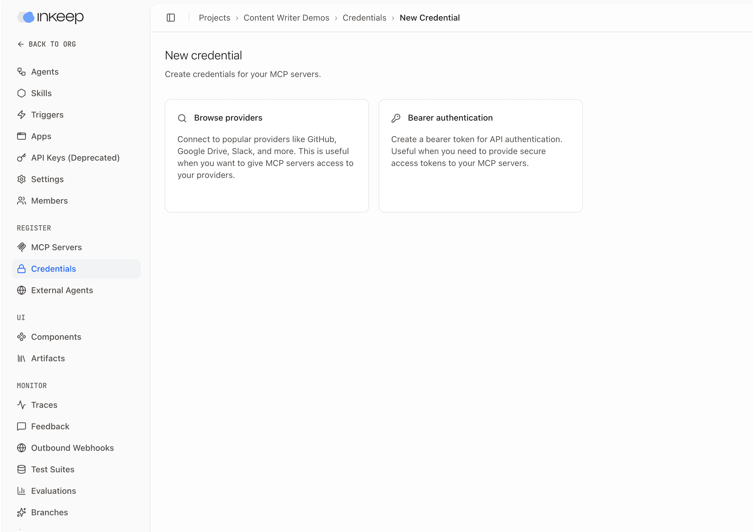 New credential page with Browse providers and Bearer authentication options