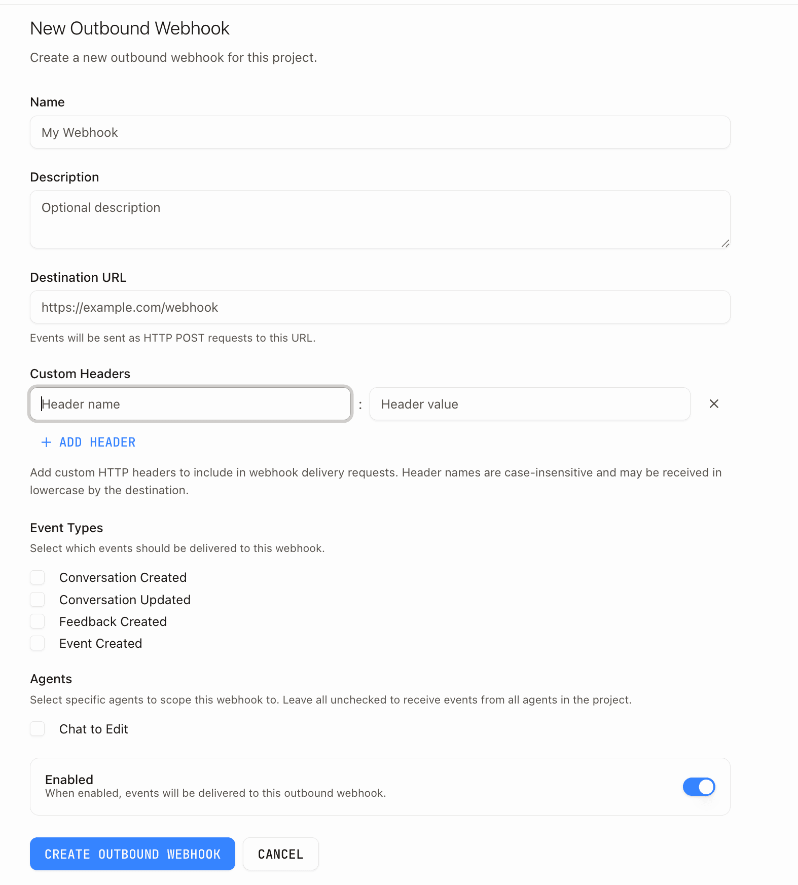 Webhook destination form with name, URL, custom headers, event type checkboxes, and agent scope