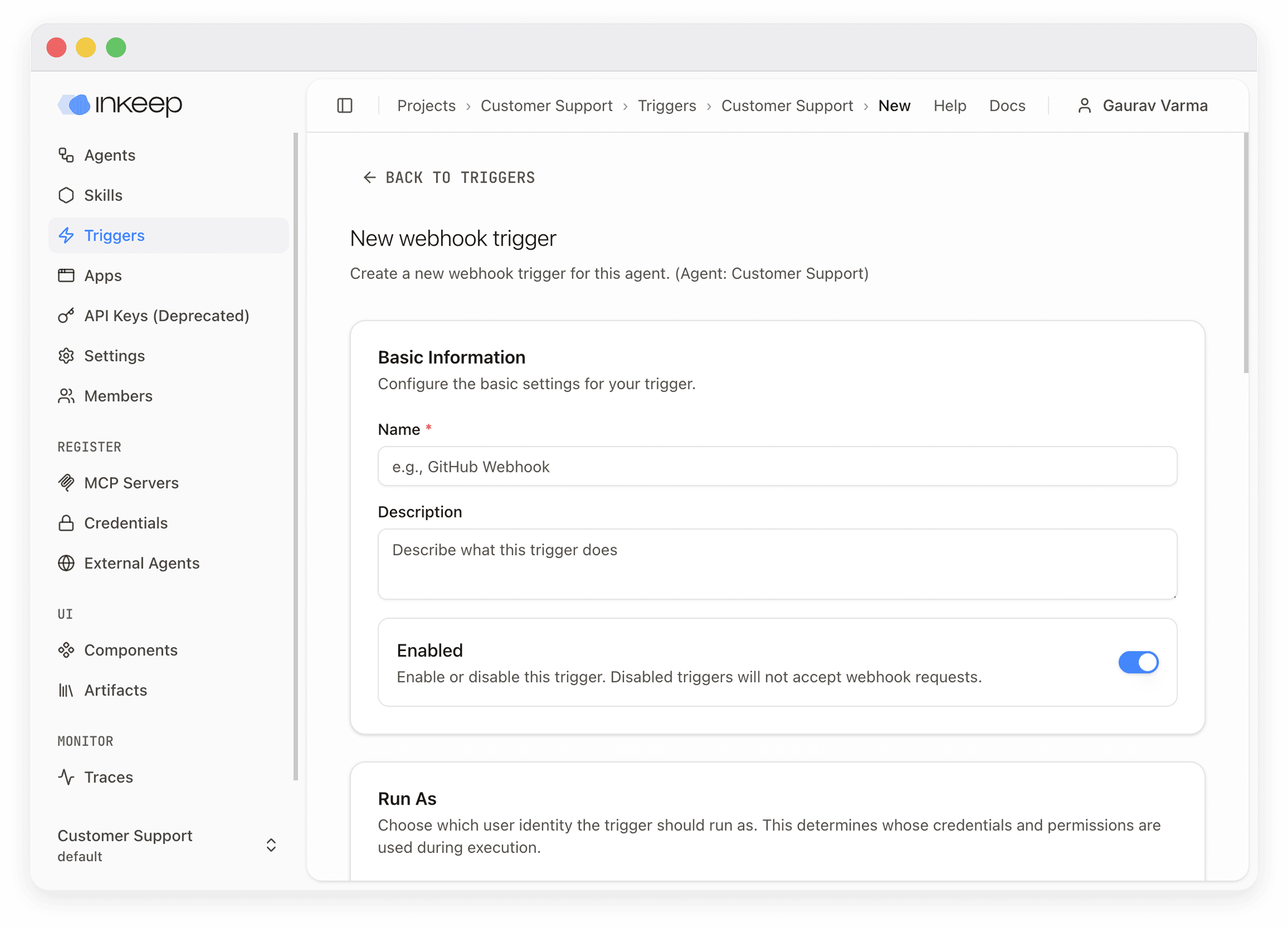 Trigger configuration form with name, message template, and authentication fields