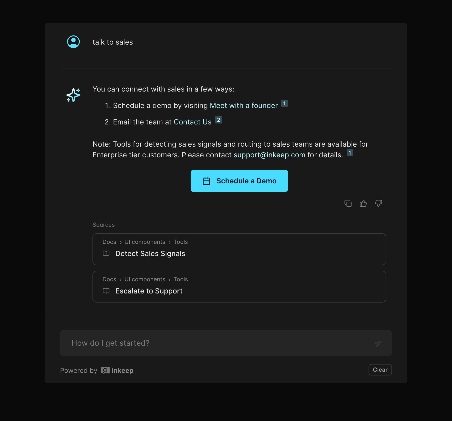 Example of the escalate to sales tool