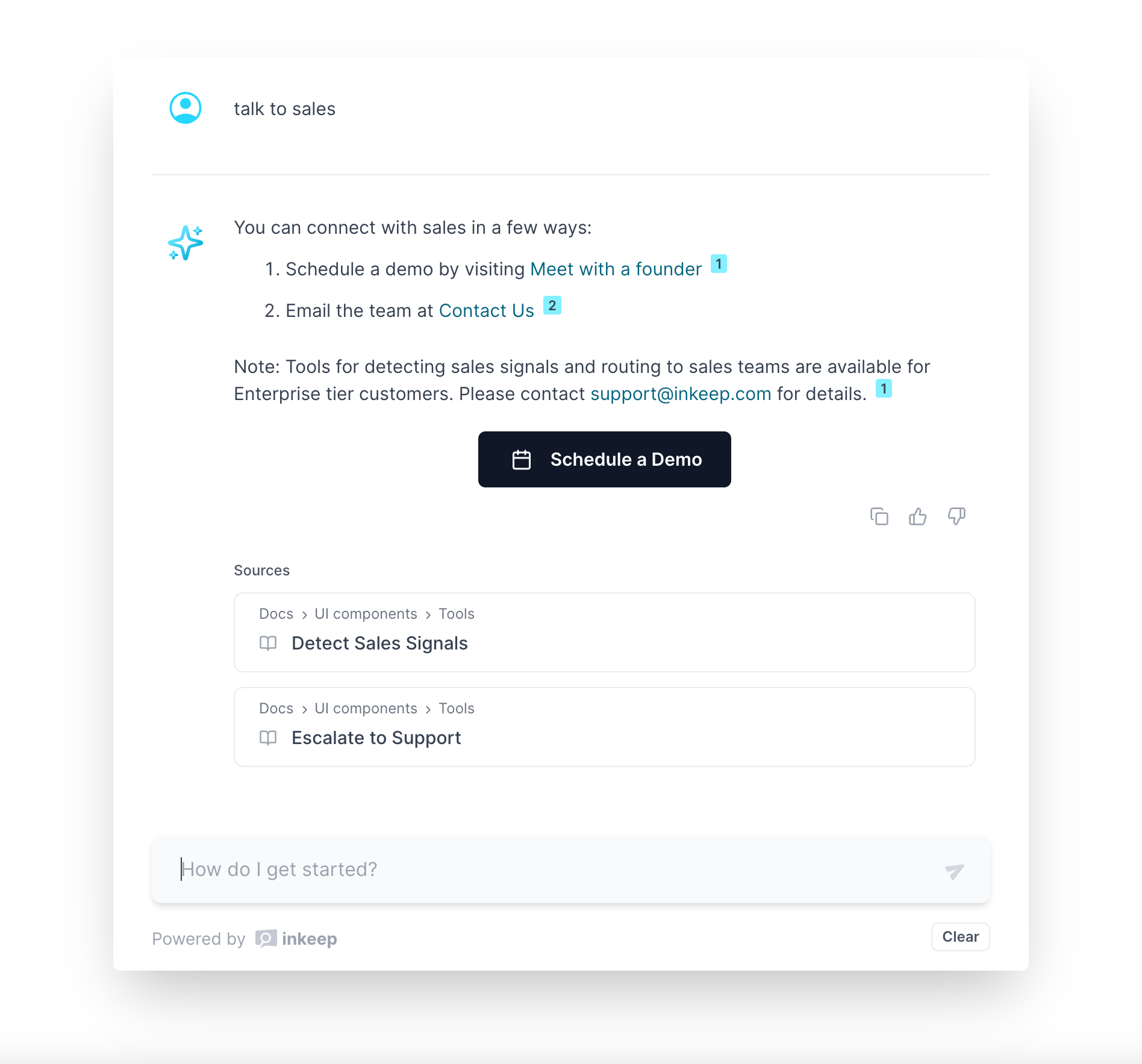 Example of the escalate to sales tool
