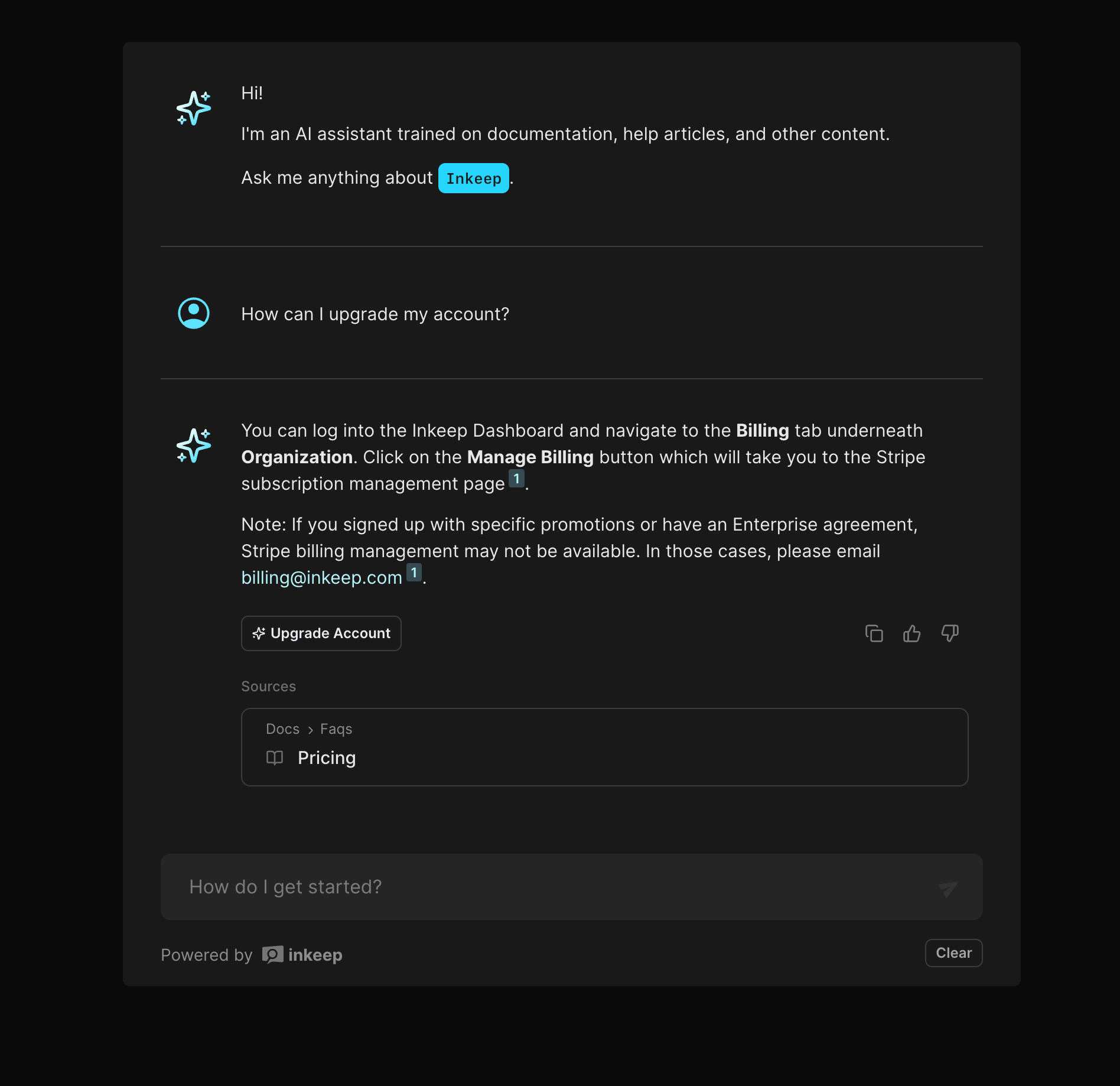 Example of the escalate to sales tool