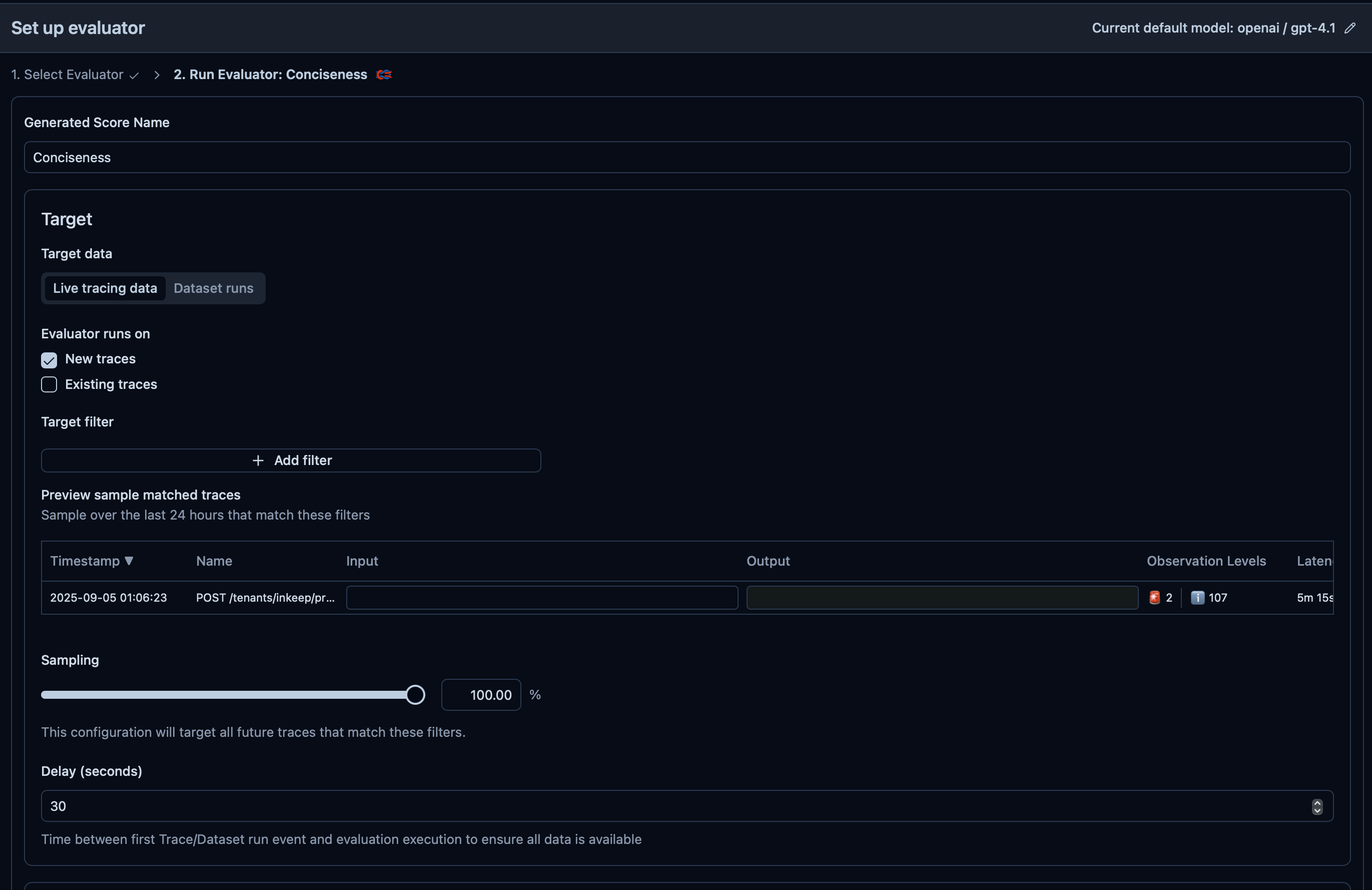 Langfuse evaluator configuration screen showing target data selection, trace filtering, sampling settings, and delay configuration