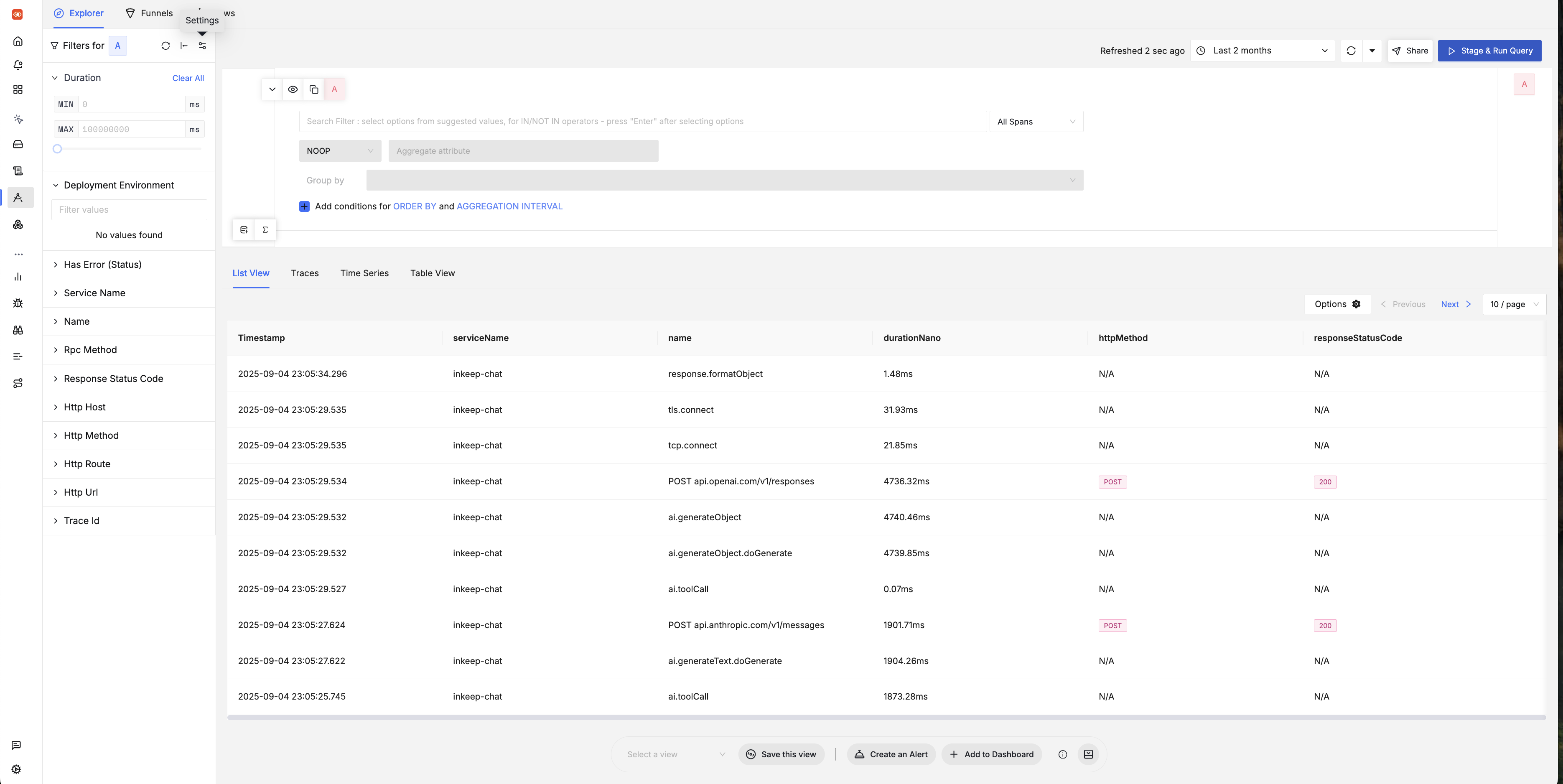 SigNoz Traces Explorer showing inkeep-chat service traces with timestamp, service name, operation name, duration, HTTP method, and response status code columns