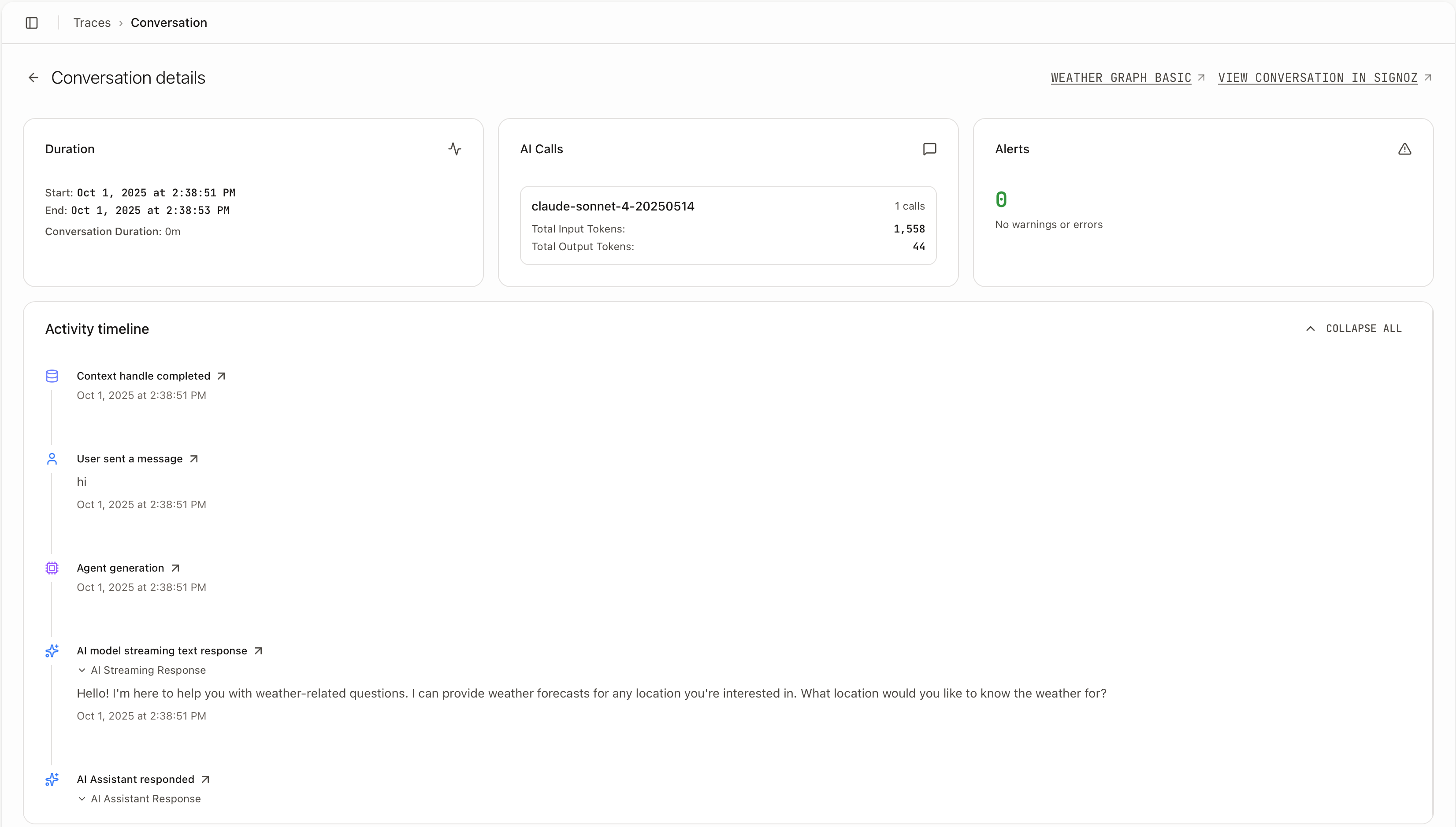Detailed conversation trace showing step-by-step execution and timing