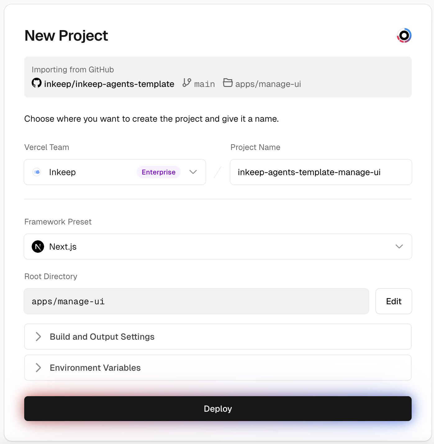 Vercel New Project - Manage UI