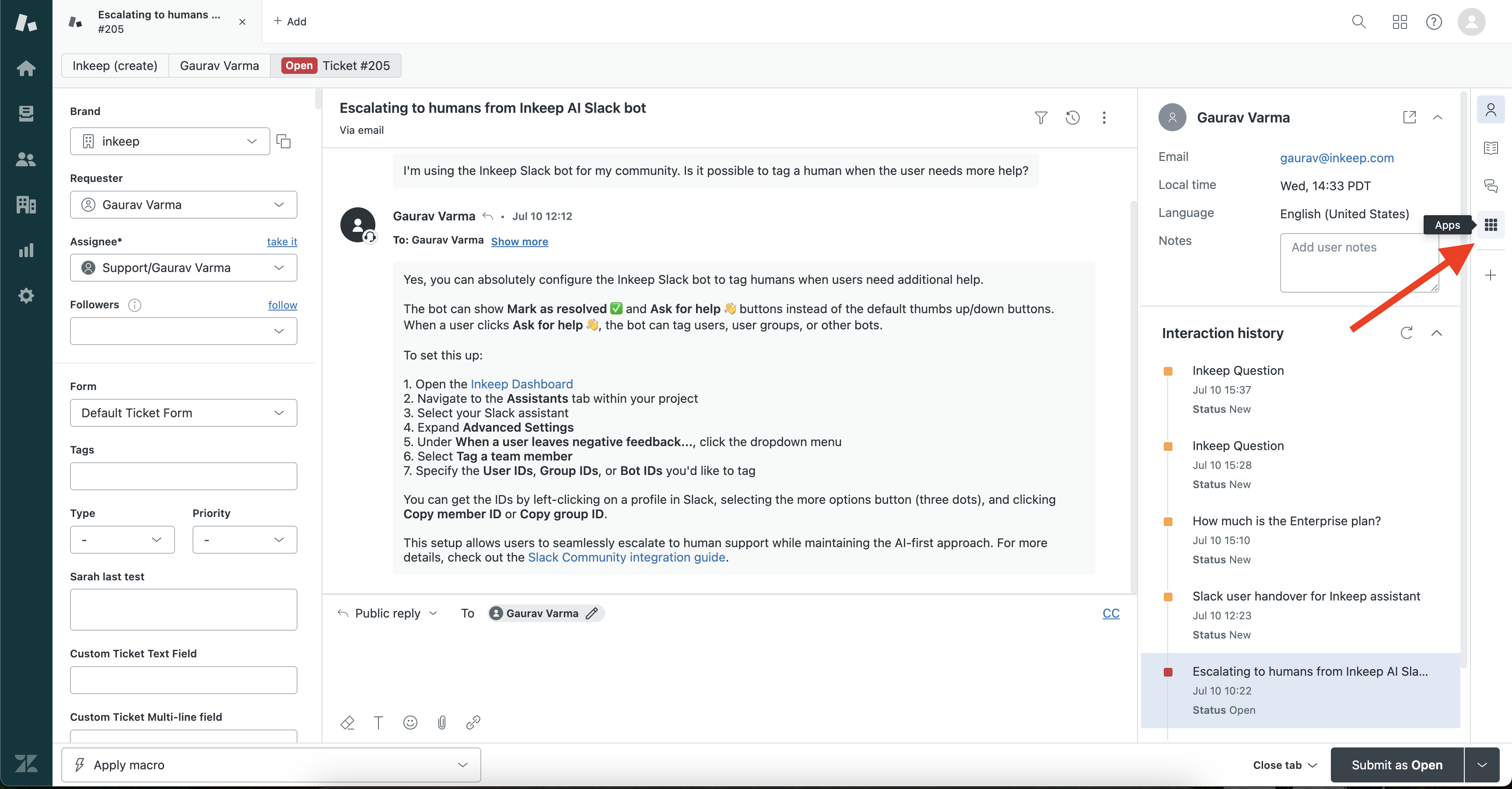 Screenshot of clicking the apps button in the Zendesk right sidebar