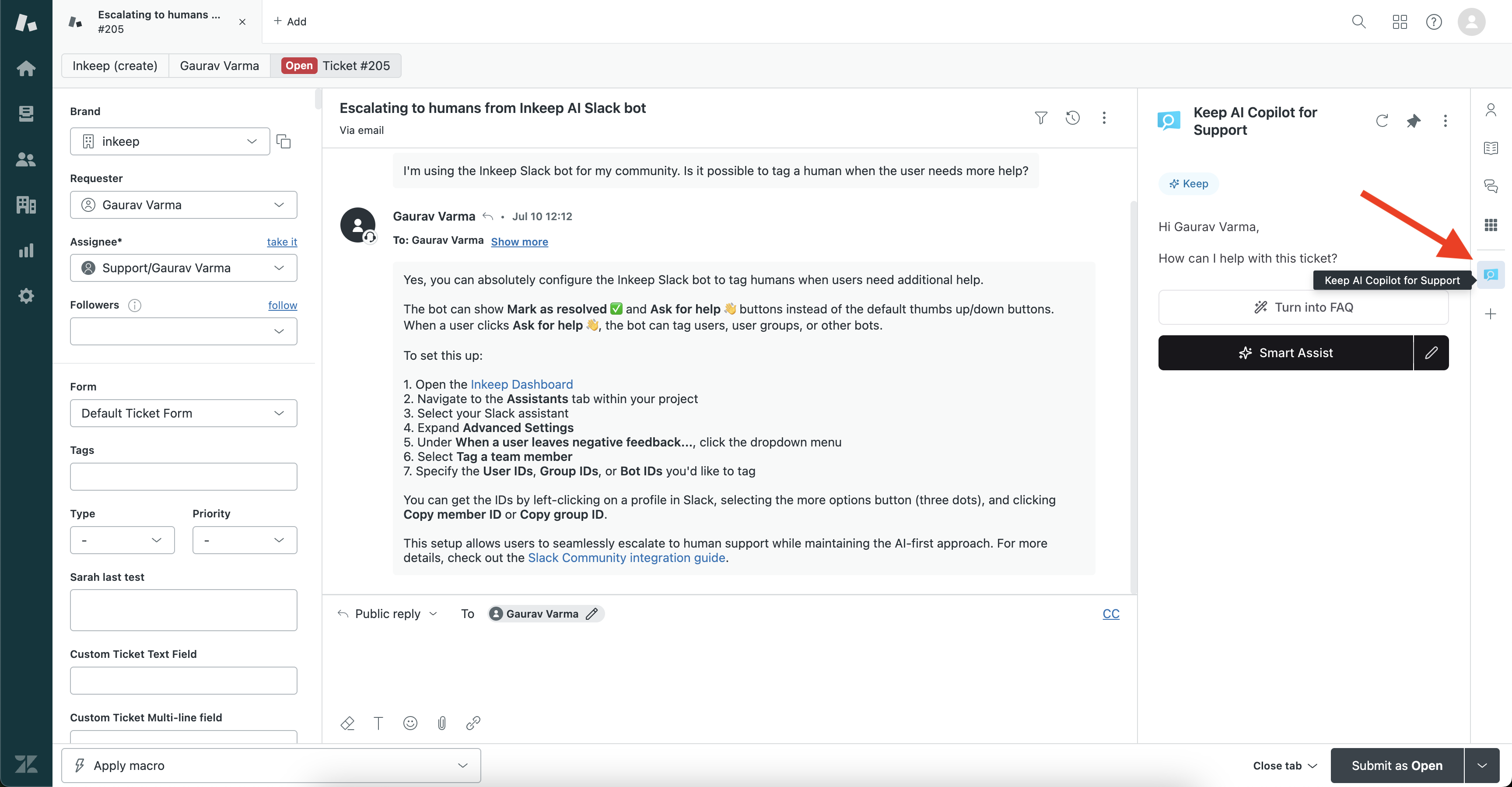 Screenshot of the pinned Keep app in the Zendesk right sidebar